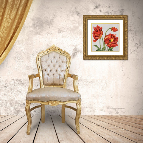 Tulips on Silk Gold Ornate Wood Framed Art Print with Double Matting by Shelby, Judy