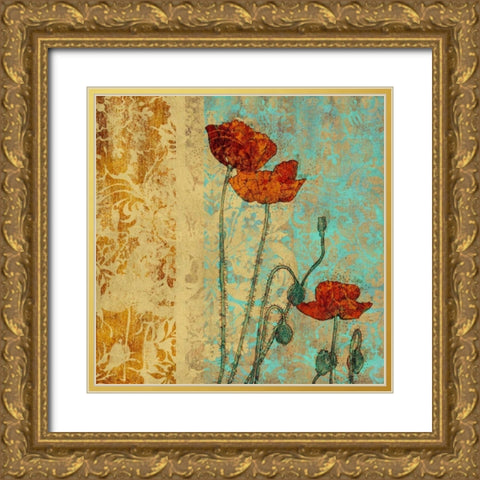 Poppies and Damask I Gold Ornate Wood Framed Art Print with Double Matting by Montillio, Louise