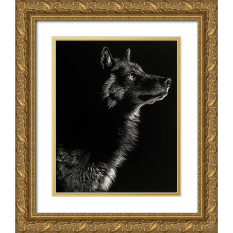 Scratchboard Wolf II Gold Ornate Wood Framed Art Print with Double Matting by Chapman, Julie T.