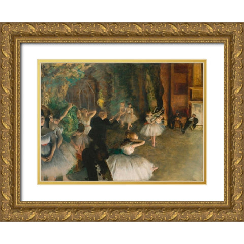The Rehearsal of the Ballet Onstage Gold Ornate Wood Framed Art Print with Double Matting by Degas, Edgar