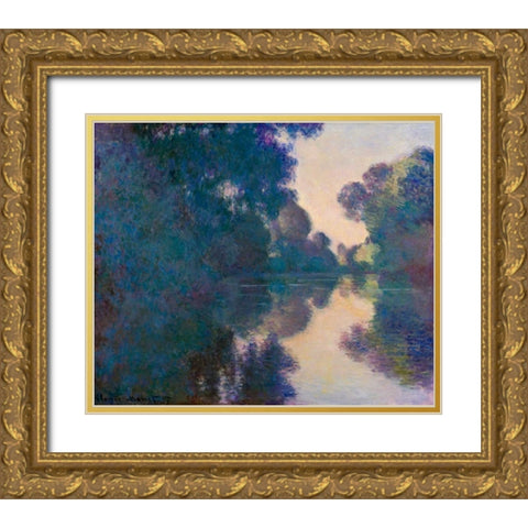 Morning on the Seine near Giverny Gold Ornate Wood Framed Art Print with Double Matting by Monet, Claude