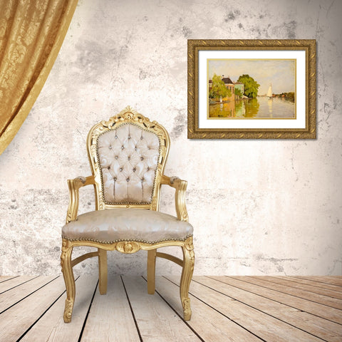 Houses on the Achterzaan Gold Ornate Wood Framed Art Print with Double Matting by Monet, Claude