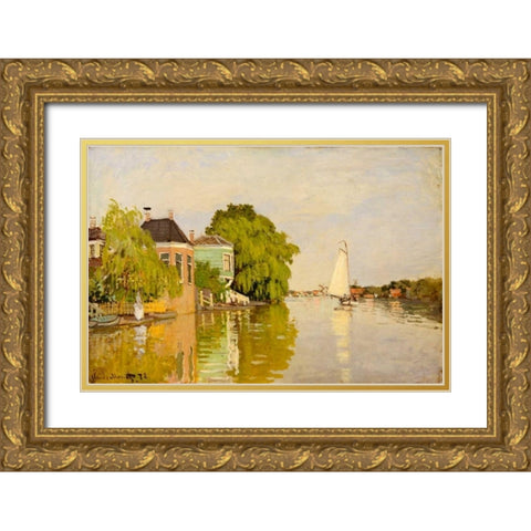 Houses on the Achterzaan Gold Ornate Wood Framed Art Print with Double Matting by Monet, Claude