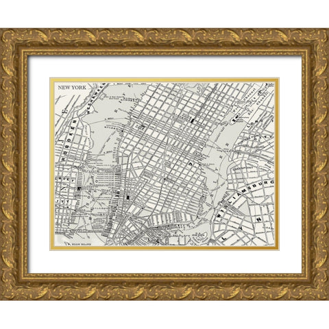 Custom B and W Map of New York Gold Ornate Wood Framed Art Print with Double Matting by Vision Studio