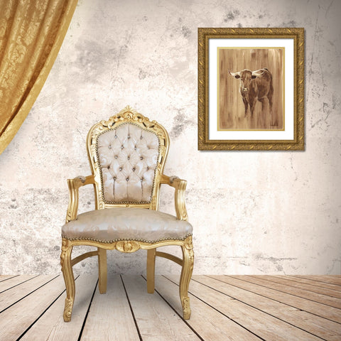 Wood Panel Longhorn Gold Ornate Wood Framed Art Print with Double Matting by Harper, Ethan