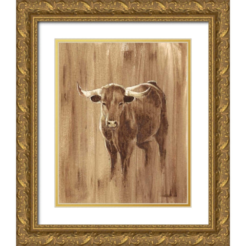 Wood Panel Longhorn Gold Ornate Wood Framed Art Print with Double Matting by Harper, Ethan