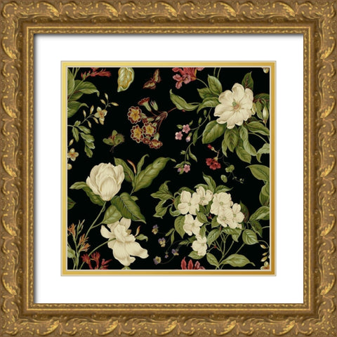 Garden Floral on Black I Gold Ornate Wood Framed Art Print with Double Matting by Unknown