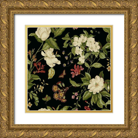 Garden Floral on Black II Gold Ornate Wood Framed Art Print with Double Matting by Unknown