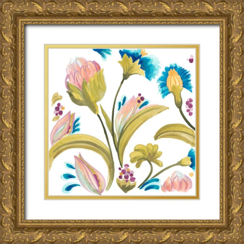 Abbey Floral Tiles I Gold Ornate Wood Framed Art Print with Double Matting by Vess, June Erica