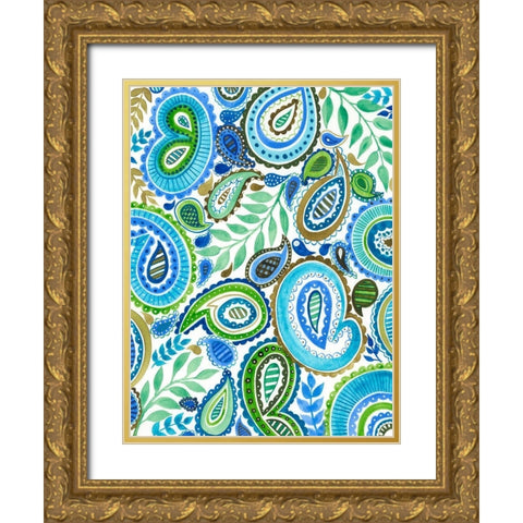 Blue and Green Paisley II Gold Ornate Wood Framed Art Print with Double Matting by Moore, Regina