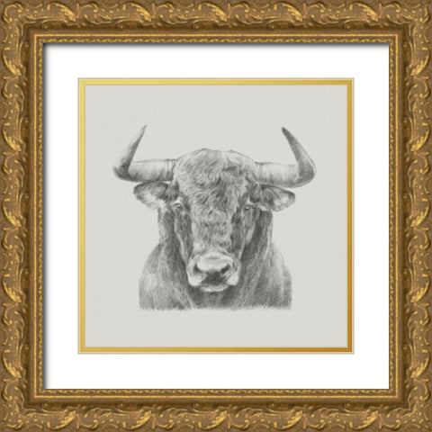 Black and White Bull Gold Ornate Wood Framed Art Print with Double Matting by Harper, Ethan