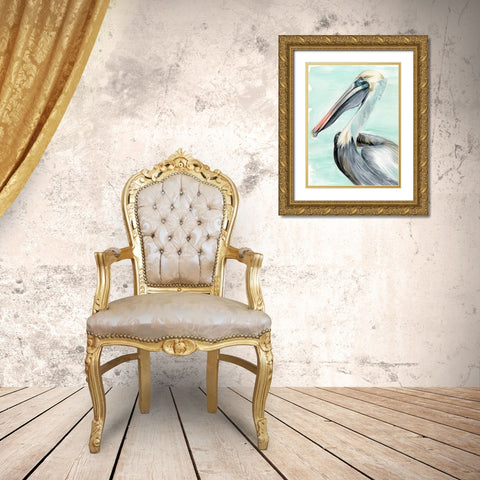 Turquoise Pelican II Gold Ornate Wood Framed Art Print with Double Matting by Parker, Jennifer Paxton