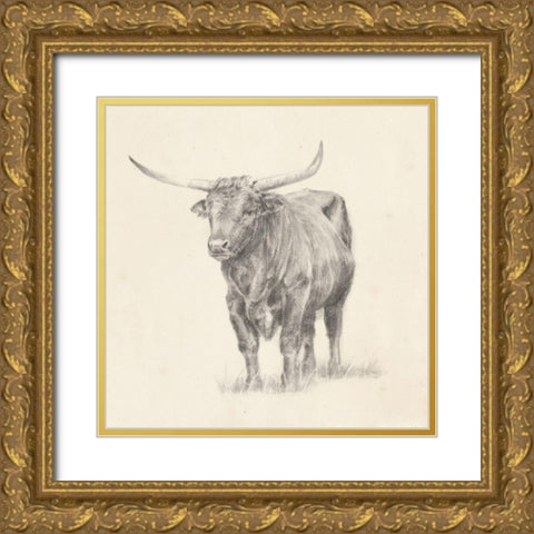 Longhorn Steer Sketch I Gold Ornate Wood Framed Art Print with Double Matting by Harper, Ethan