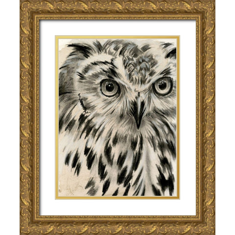 Charcoal Owl I Gold Ornate Wood Framed Art Print with Double Matting by Parker, Jennifer Paxton