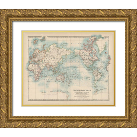 Johnstons Chart of the World Gold Ornate Wood Framed Art Print with Double Matting by Johnston