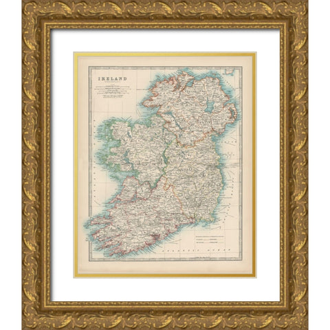 Johnstons Map of Ireland Gold Ornate Wood Framed Art Print with Double Matting by Johnston