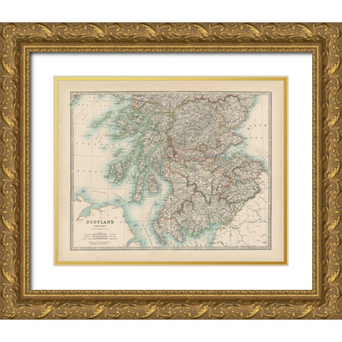 Johnstons Map of Scotland Gold Ornate Wood Framed Art Print with Double Matting by Johnston