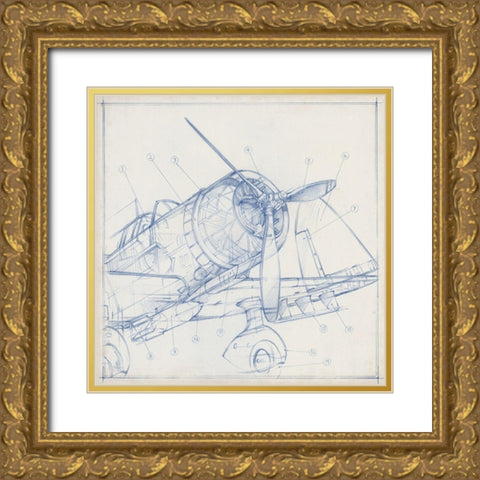 Airplane Mechanical Sketch I Gold Ornate Wood Framed Art Print with Double Matting by Harper, Ethan