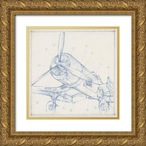 Airplane Mechanical Sketch II Gold Ornate Wood Framed Art Print with Double Matting by Harper, Ethan