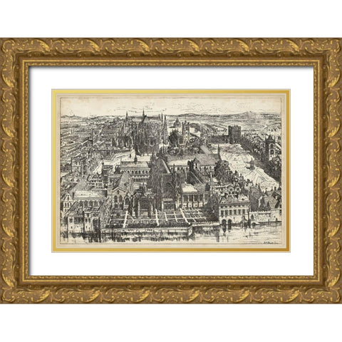Birds Eye View of London - Westminster Gold Ornate Wood Framed Art Print with Double Matting by Unknown