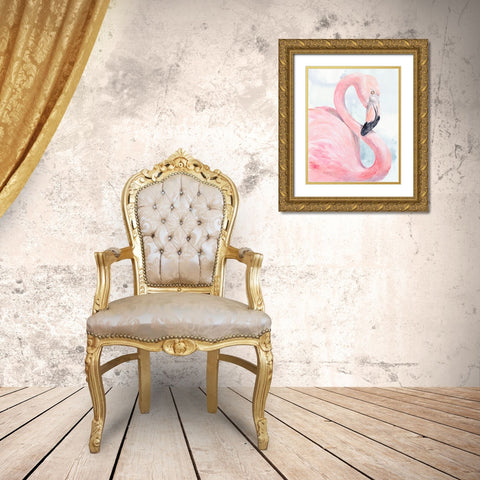 Pink Flamingo Portrait I Gold Ornate Wood Framed Art Print with Double Matting by Parker, Jennifer Paxton