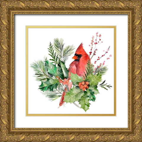 Cardinal Holly Christmas I Gold Ornate Wood Framed Art Print with Double Matting by Parker, Jennifer Paxton