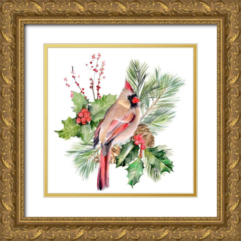 Cardinal Holly Christmas II Gold Ornate Wood Framed Art Print with Double Matting by Parker, Jennifer Paxton