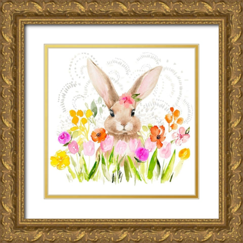 April Flowers and Bunny I Gold Ornate Wood Framed Art Print with Double Matting by Parker, Jennifer Paxton