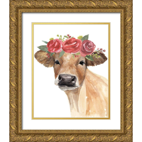 Flowered Cow II Gold Ornate Wood Framed Art Print with Double Matting by Warren, Annie