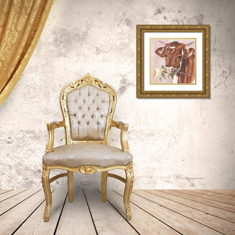 Peony Cow I Gold Ornate Wood Framed Art Print with Double Matting by Warren, Annie
