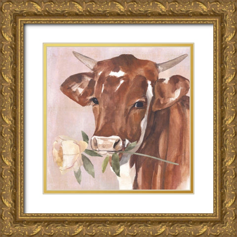 Peony Cow I Gold Ornate Wood Framed Art Print with Double Matting by Warren, Annie