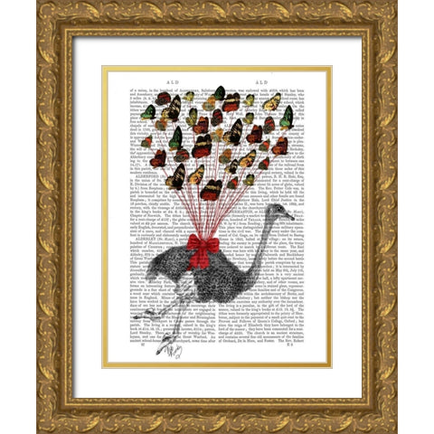 Ostrich Flying with Butterflies Gold Ornate Wood Framed Art Print with Double Matting by Fab Funky