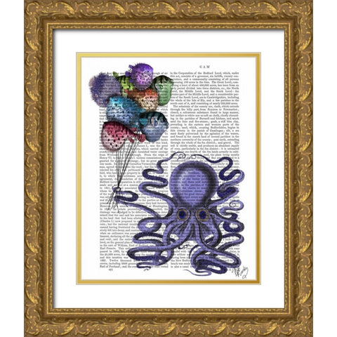 Octopus and Puffer Fish Balloons Gold Ornate Wood Framed Art Print with Double Matting by Fab Funky