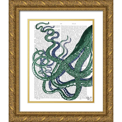Octopus Tentacles Green and Blue Gold Ornate Wood Framed Art Print with Double Matting by Fab Funky