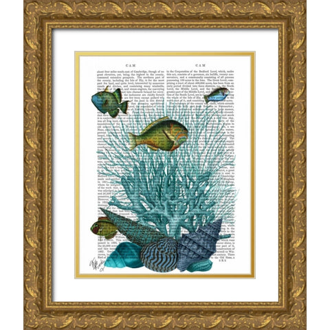 Fish Blue Shells and Corals Gold Ornate Wood Framed Art Print with Double Matting by Fab Funky