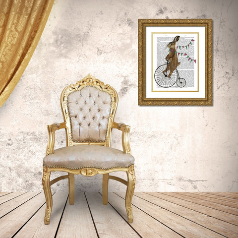 Rabbit On Penny Farthing Gold Ornate Wood Framed Art Print with Double Matting by Fab Funky