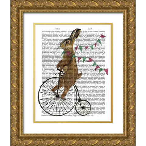 Rabbit On Penny Farthing Gold Ornate Wood Framed Art Print with Double Matting by Fab Funky