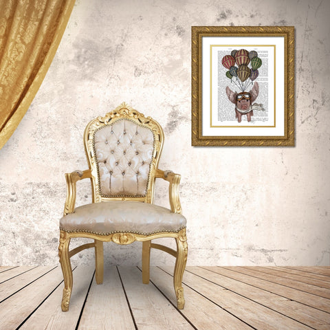 Pig And Balloons Gold Ornate Wood Framed Art Print with Double Matting by Fab Funky