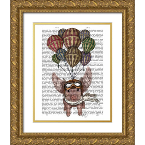 Pig And Balloons Gold Ornate Wood Framed Art Print with Double Matting by Fab Funky