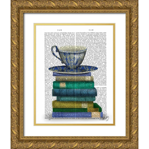 Teacup and Books Gold Ornate Wood Framed Art Print with Double Matting by Fab Funky