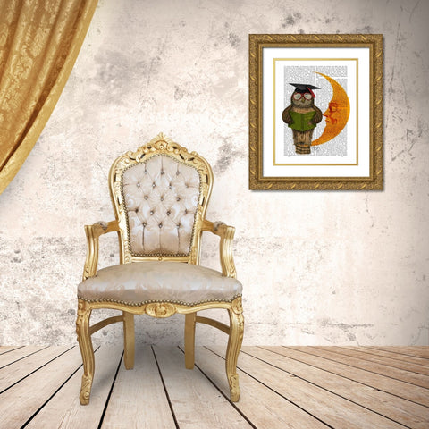 Owl On The Moon Gold Ornate Wood Framed Art Print with Double Matting by Fab Funky