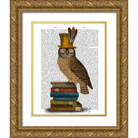 Owl On Books Gold Ornate Wood Framed Art Print with Double Matting by Fab Funky