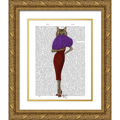 Cat In Red Dress Gold Ornate Wood Framed Art Print with Double Matting by Fab Funky
