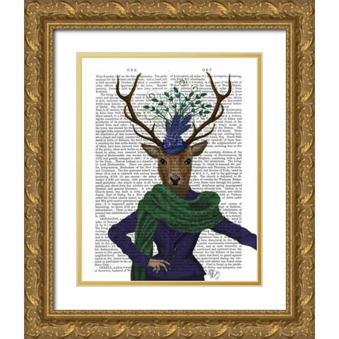 Deer and Fascinator Gold Ornate Wood Framed Art Print with Double Matting by Fab Funky