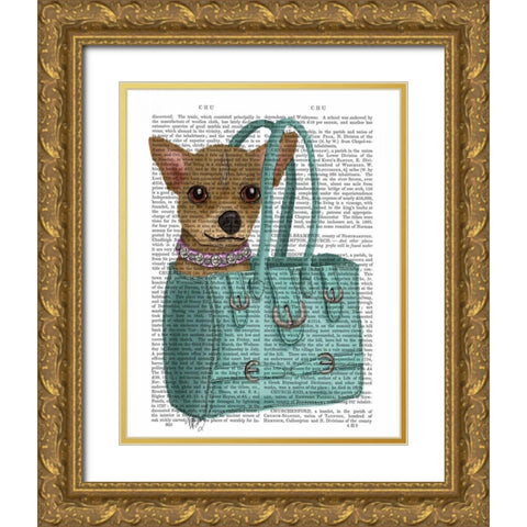Chihuahua In Bag Gold Ornate Wood Framed Art Print with Double Matting by Fab Funky