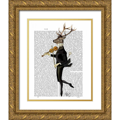 Dancing Deer with Violin Gold Ornate Wood Framed Art Print with Double Matting by Fab Funky