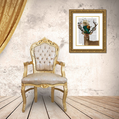 Mad Hatter Deer Gold Ornate Wood Framed Art Print with Double Matting by Fab Funky