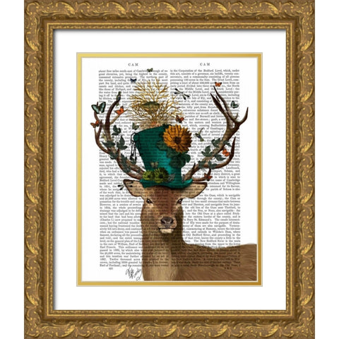Mad Hatter Deer Gold Ornate Wood Framed Art Print with Double Matting by Fab Funky