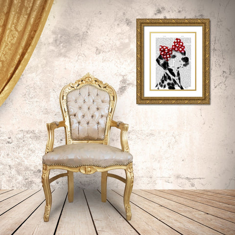 Dalmatian With Red Bow Gold Ornate Wood Framed Art Print with Double Matting by Fab Funky