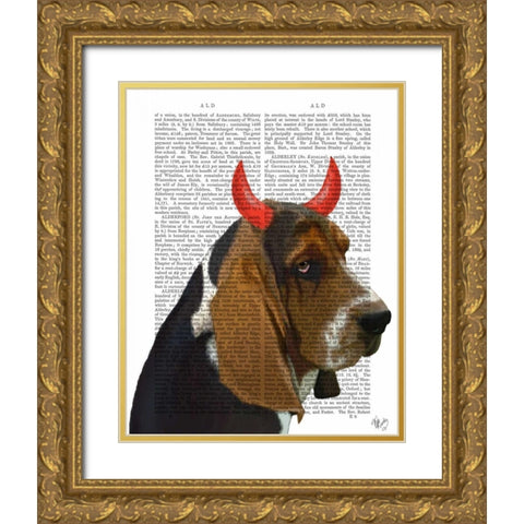 Basset Hound and Devil Horns Gold Ornate Wood Framed Art Print with Double Matting by Fab Funky